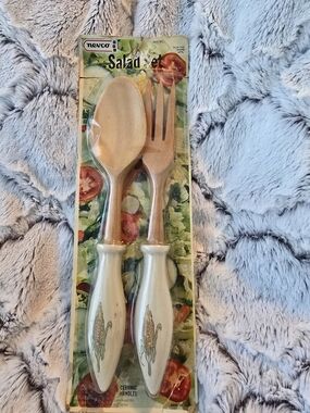 Nevco Ceramic-Handle Wooden Salad Servers in Cream & Natural Wood Corn MCM NIB